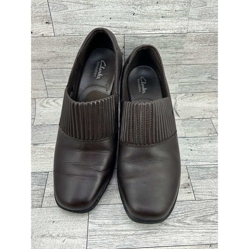Clarks Bendables Brown Leather Pleated Vamp Block Heel Loafers Women Sz 7.5M